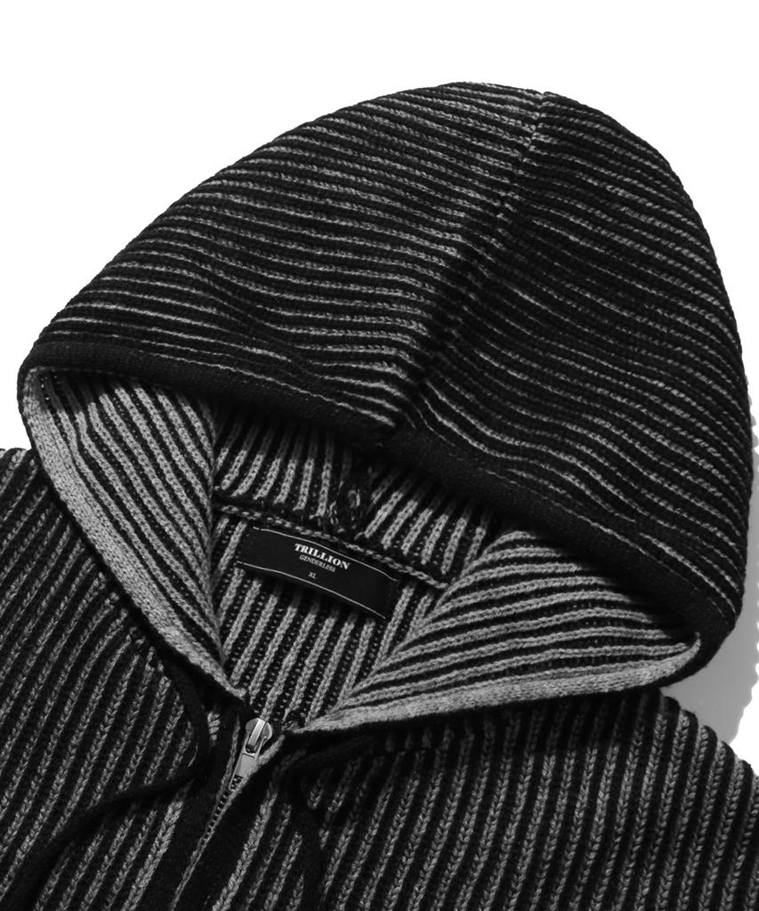 TRILLION Washable Two-Tone Hooded Zip-Up Graphic Knit (Black)