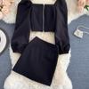 Autumn Retro Square Collar Temperament Bubble Sleeve Top Short High Waist Half-Body Skirt Celebrity Temperament Two-Piece Suit