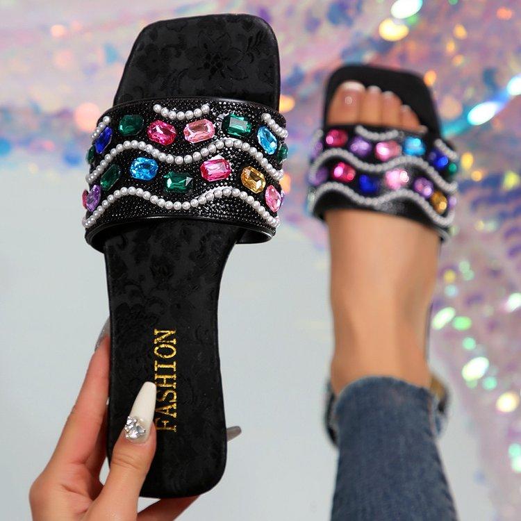 Women Slippers Home Casual Shoes Fashionable Versatile Sandals Summer New Rhinestone Flat Slippers Slides Women Zapatos De Mujer