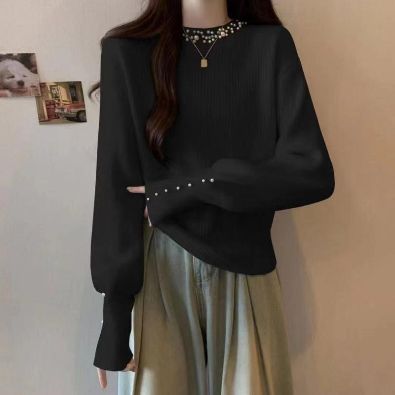 

Autumn and winter new sweater women s temperament elegant and thin heavy industry beaded knitted sweater bottoming top tide One size