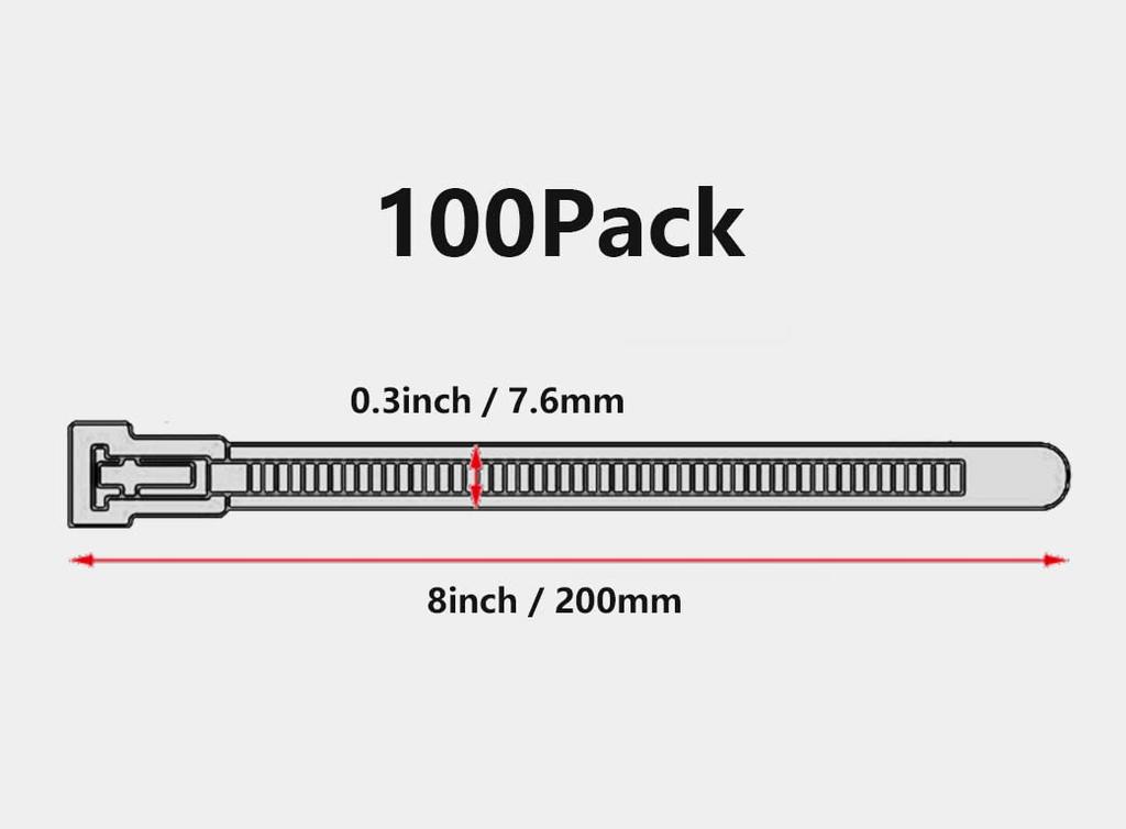 Reusable Cable Ties: 8 Inch 100 Pack UV Resistant Heavy Duty Plastic Zip Ties Self Locking Thick Design for Indoor Outdoor Cable Organization and B