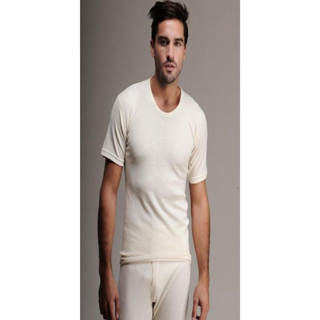 Men's White Long Sleeve Wool Undershirt Top And Bottom Set