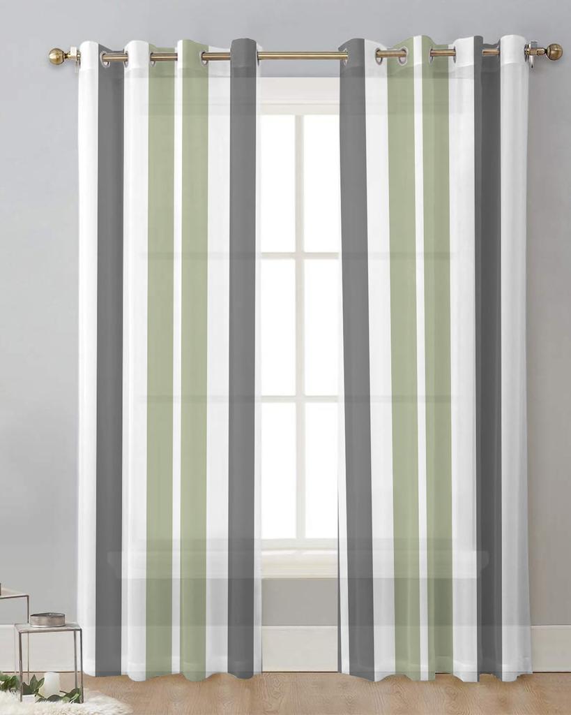 Gray Green Stripes Sheer Curtains for Living Room Decoration Window Curtains for Kitchen Tulle Voile Organza Curtains
