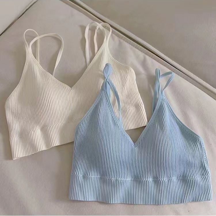 Ribbed Anti-Slip Bustier Solid Color Stripe Sling Anti-Slip Student Padded Yoga Sports Bra for Women