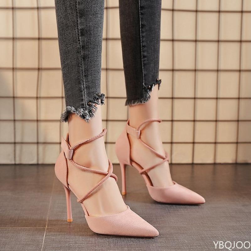 Sexy Minimalist Pointed High Heels Spring Fashionable Versatile Cross Strap Women's Shoes Suede  Shallow Mouth Women's Shoes