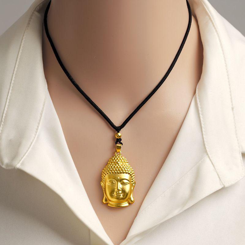 Chinese Style Sand Gold Buddha Head Pendant Necklace - Colorfast Rope Simulation Design