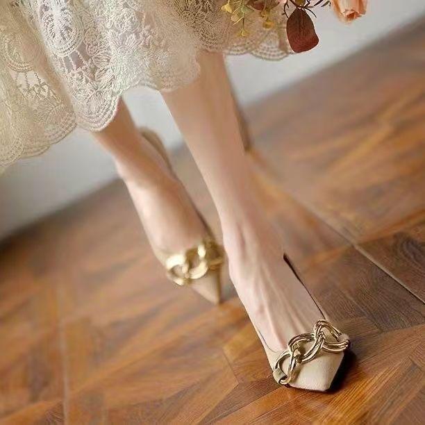 Chain Pointed French with Skirt Royal Sister Light and Mature Style with Single Shoes Nude High Heels Women's Thin Heels 2025 New Models