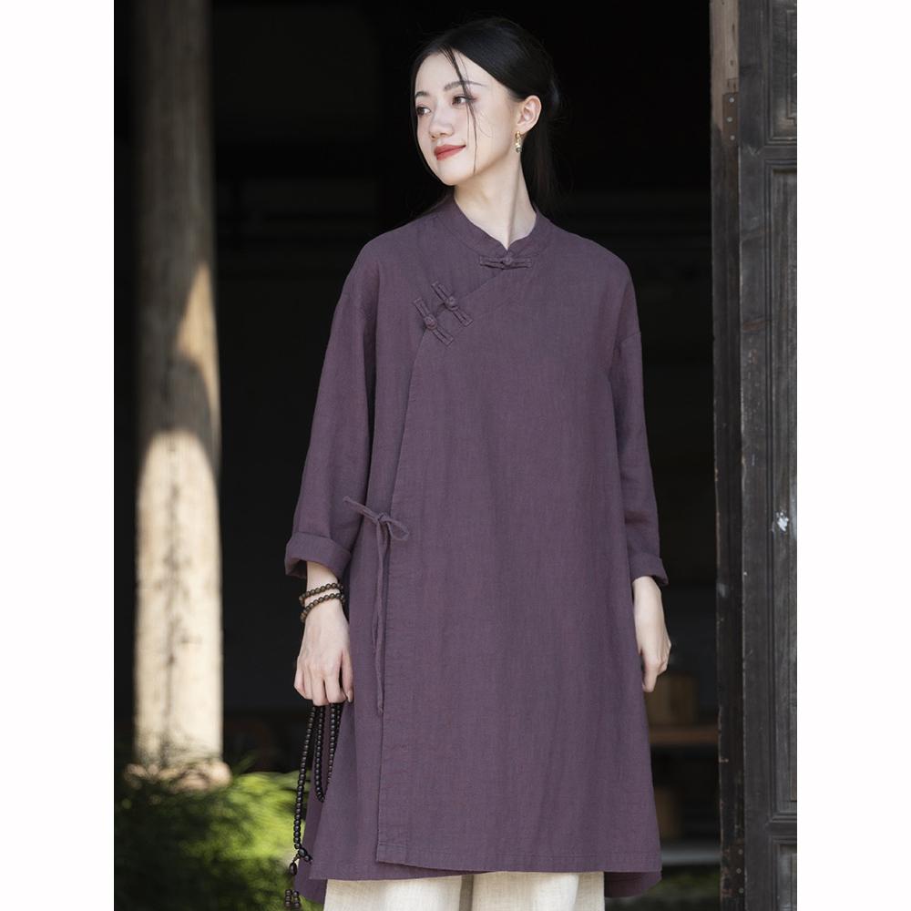 Spring Summer Cotton Linen Women's Clothing Washing Plate Buckle, Side Placket Tied  Retro Chinese Style Children's Style Zen Tea Costume