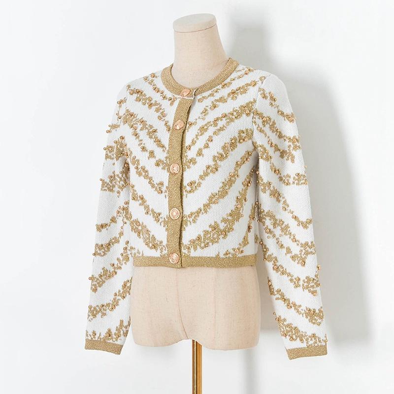 

Осенне-зимний свитер, кардиганы, женские однобортные роскошные полосатые с бисером повседневные трикотажные топы Mujer, новинка C-187 One Size белый