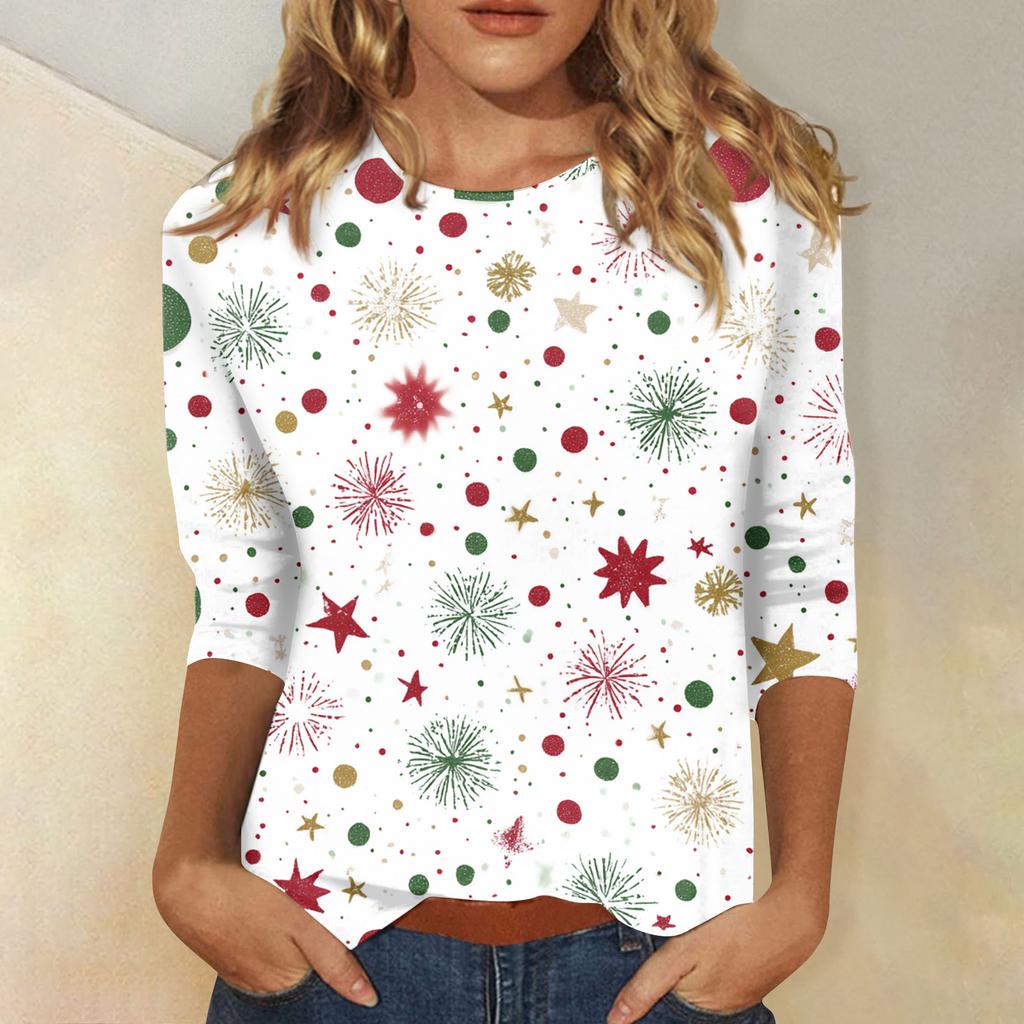 Damebluser Trekvart ermet skjorte V-hals Løs fritidsskjorte Trykk T-skjorte