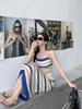 Women's Slim Fit Sleeveless Striped Knit Dress - Color Block Halter Neck for Summer 2024