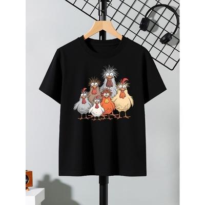 European Sizes Boys' T-Shirt Colorful Cartoon Chickens Group Pattern, Ideal for Outdoor Activities, Soft Knitted Top, Comfortable And Breathable