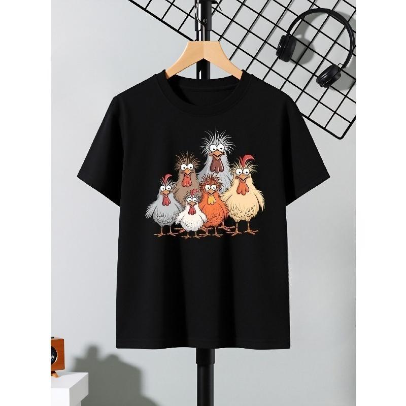 European sizes Boys' T-Shirt Colorful Cartoon Chickens Group Pattern, Ideal for Outdoor Activities, Soft Knitted Top, Comfortable And Breathable
