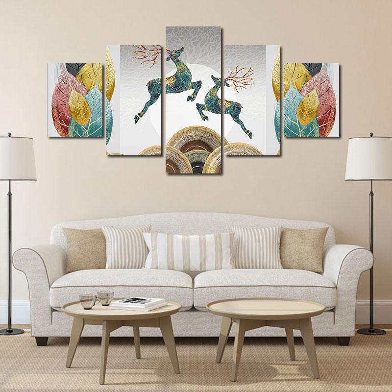 

5 Pieces Wall Art Canvas Animal Poster Leaping Deer Decor Painting For Living Room Wallpaper Bedroom Modular Home Decoration 20X35 20X45 20X55CM