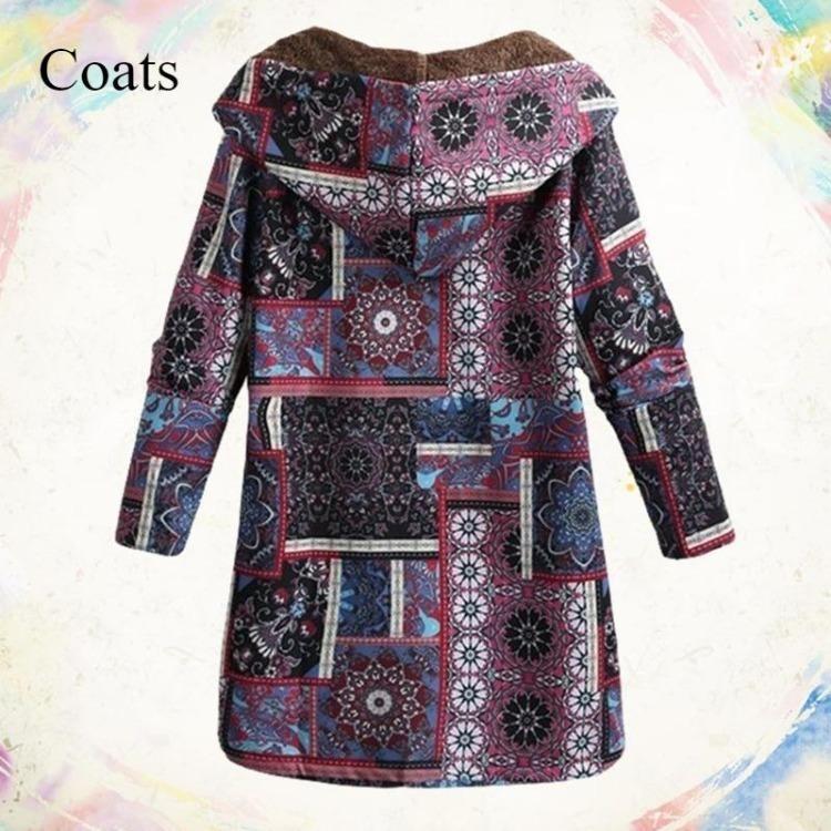 Winter Warm Damen Nationalstil Retro Langer Bedruckter Hoodie Mantel Große Größe Schlankes Temperament Oberbekleidung