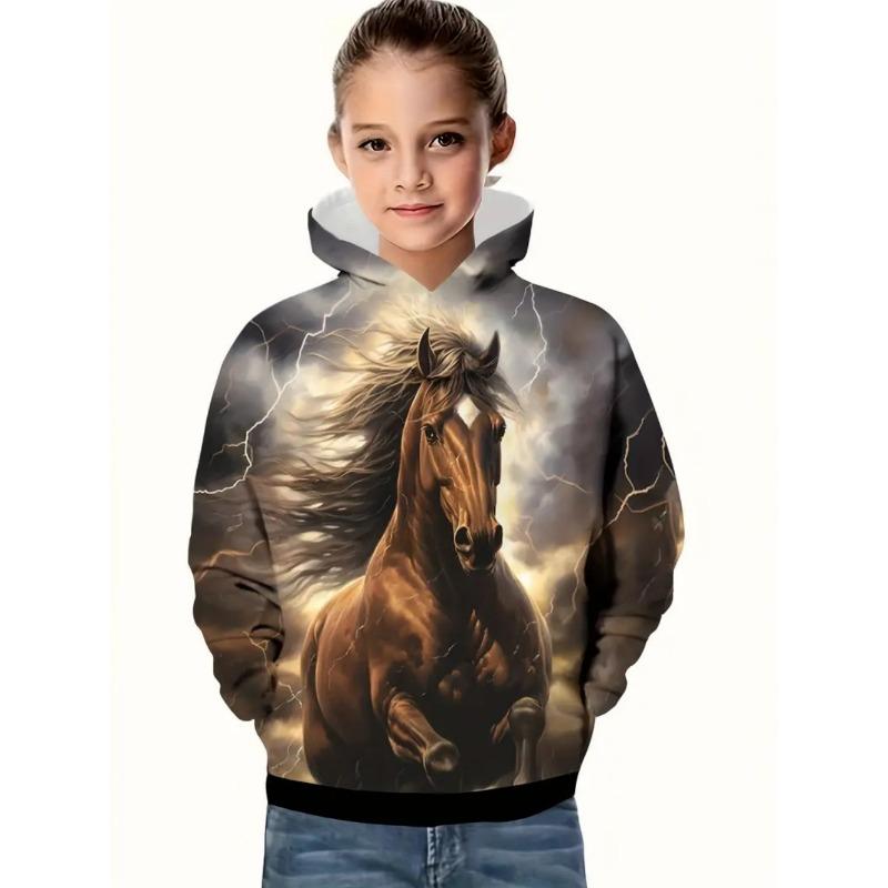 Vêtements Cool pour Filles Équestres Animaux Impression 3D Automne Sweats à Capuche Manches Longues Amples Légers Sweat Confortable Vêtements pour Enfants