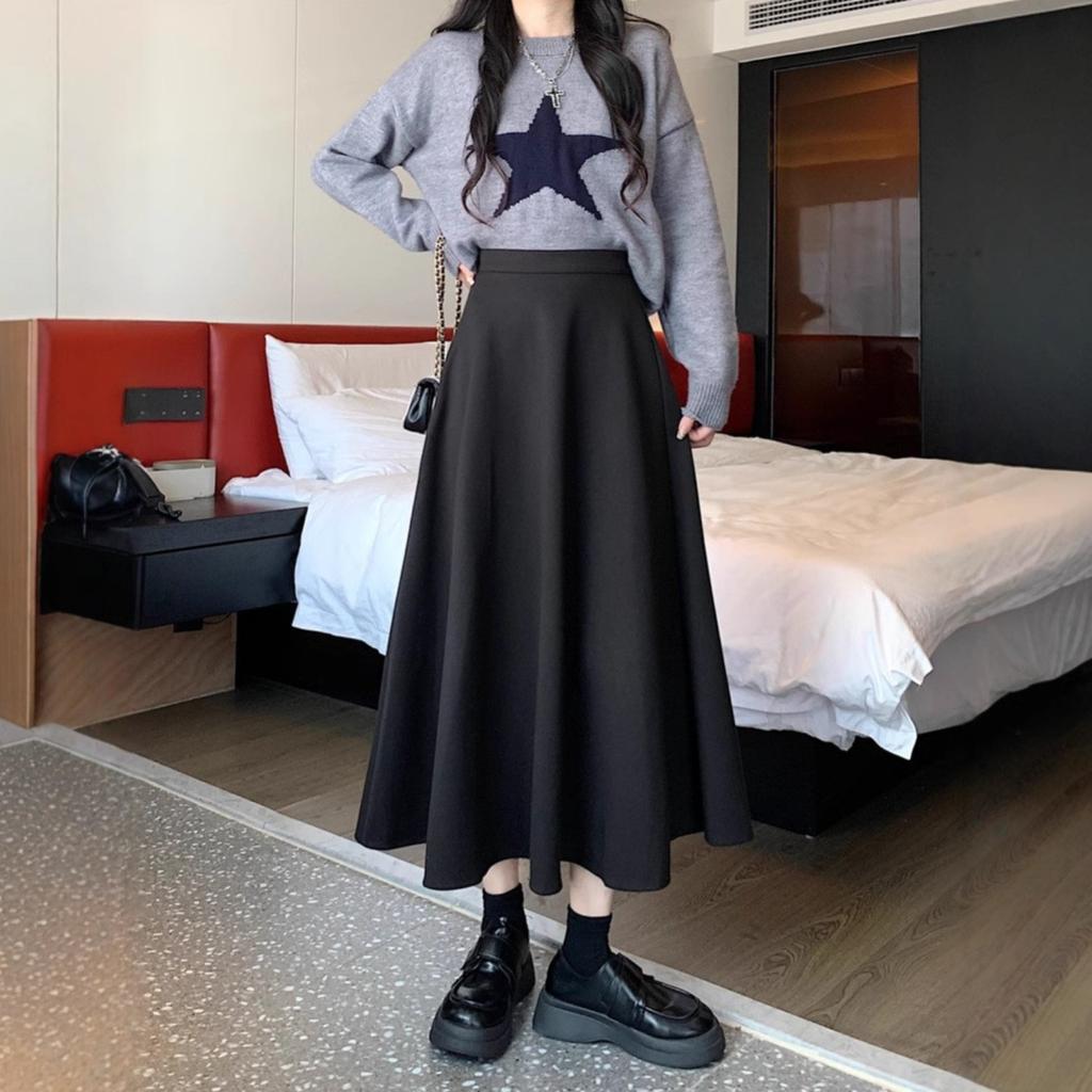 Women's High Waist A-Line Midi Skirt Solid Color Pleated Swing Blazer Skirt