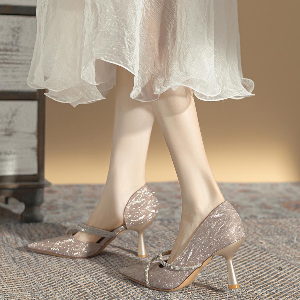 High heels, thin heels, princess pointed head, side empty, sexy sparkling rhinestone single shoes, women's 2025 spring and summer new banquet wedding