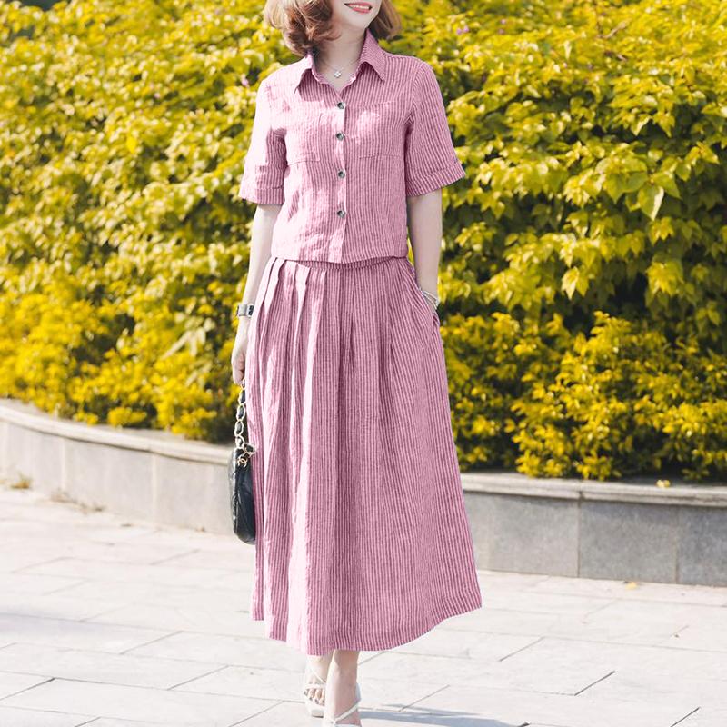 

ZANZEA Женская блузка с коротким рукавом и юбки Летний полосатый костюм-двойка 5XL темно-розовый