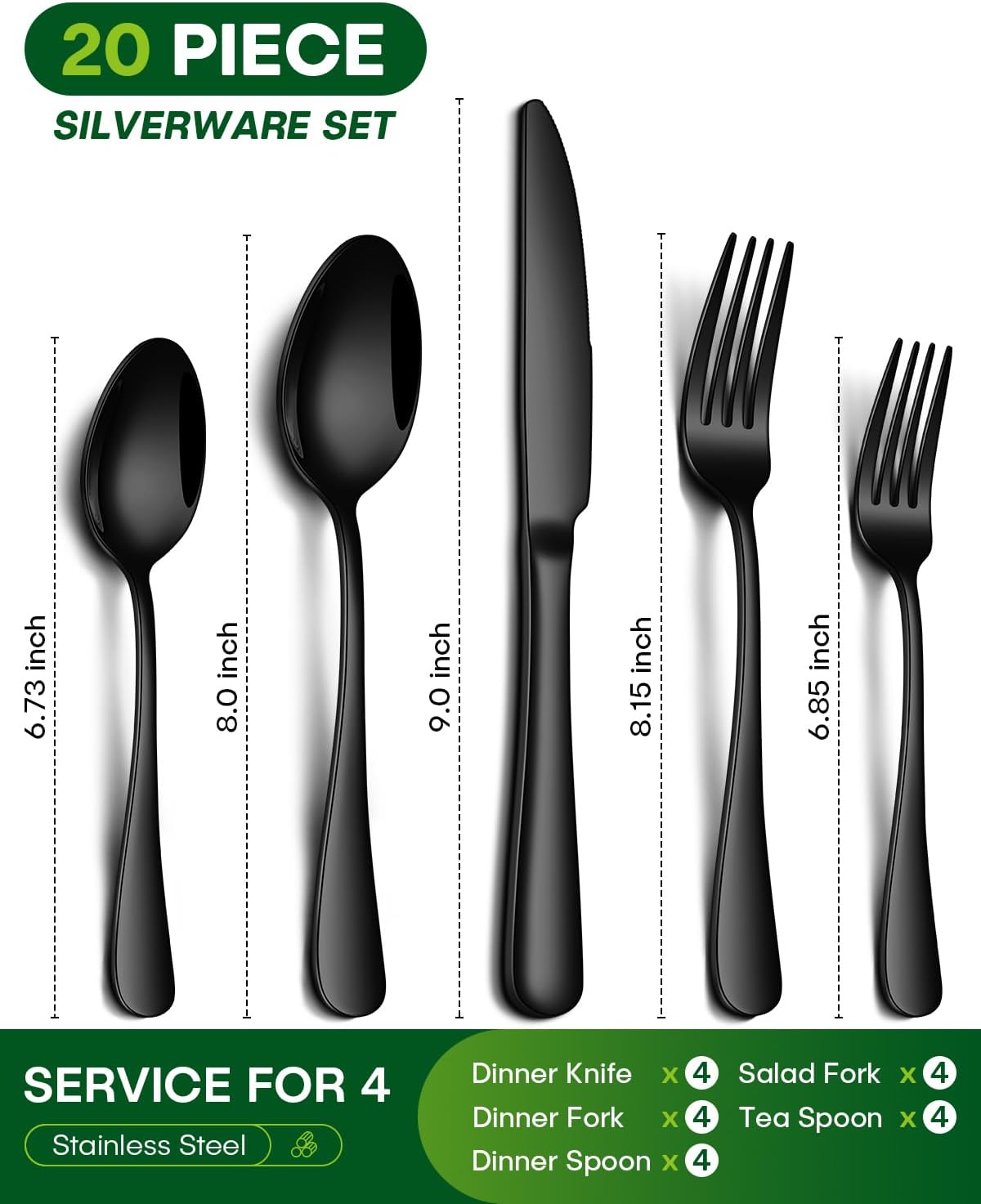 

20 Pcs Black Silverware Set, Stainless Steel Flatware Set for 4 Food Grade Cutlery Utensil Set, Include Knife Fork Spoon