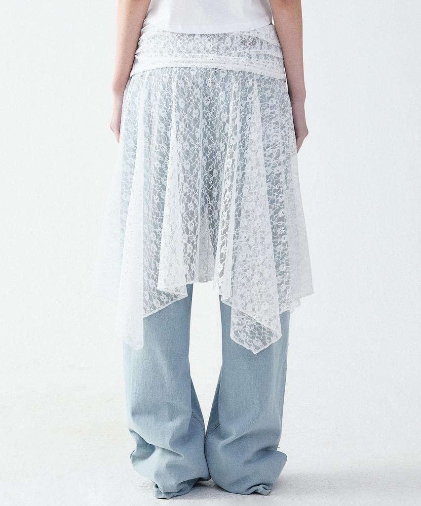 Nigaennikol Lace Shirring Flare Midi Skirt_Ivory
