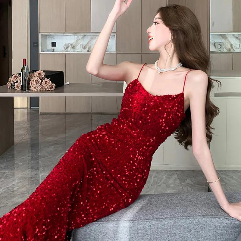 Vestido de Noche de Sirena con Lentejuelas y Tirantes Finos para Mujer