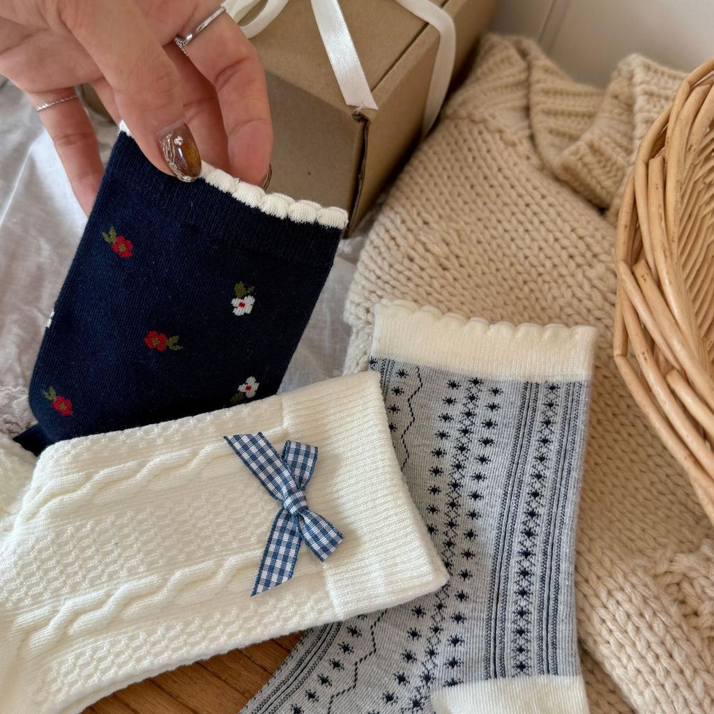 Songmu Southern French Bow "Boneless Socks Medium Socks Korean Bow Broken Flower Pile Cotton Socks