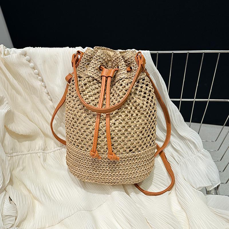 Yazlık Hasır Omuz Çantaları İpli Kadın El Dokuması Kova Çanta Rafya Örgü El Çantaları Günlük Tote Bayan Plaj Çapraz Askılı Çanta
