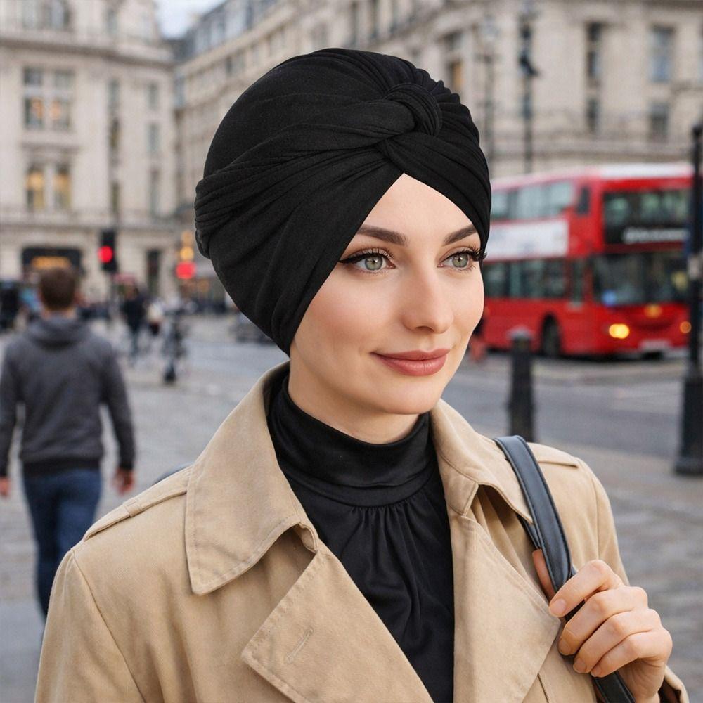 Fashion Vintage Hijab Caps Elastic Soft Polyester Twist Knot Turban Hat Breathable Wrap Style Head Cover Women Headwear