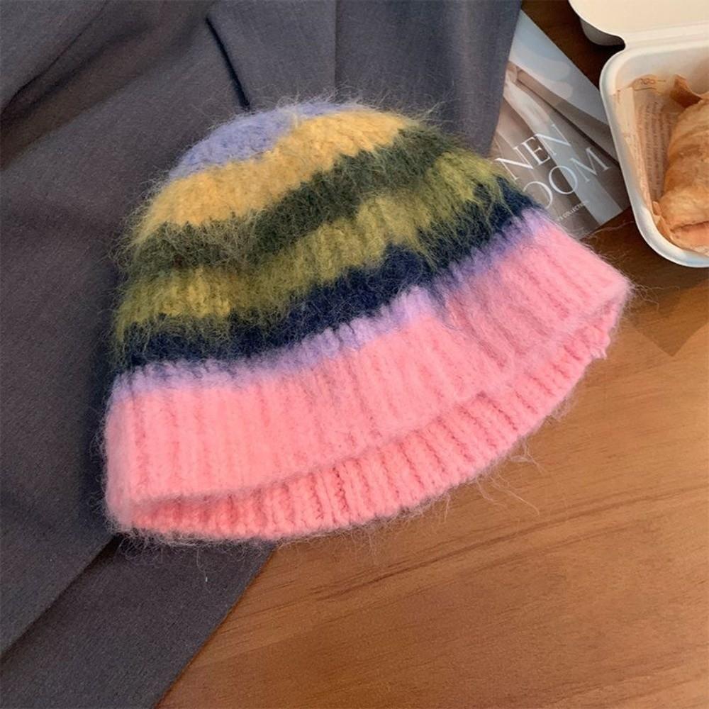 Colorful Striped Knitted Hat Soft Cotton Crochet Beanie Hat New Woolen Bucket Cap  Unisex