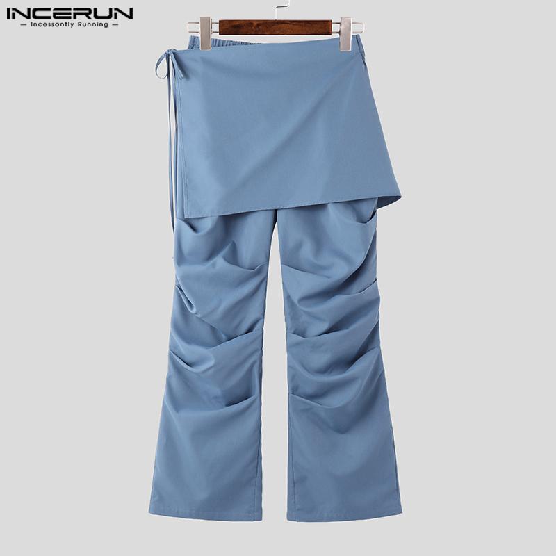 INCERUN Pánské kalhoty se zipem v pase, ležérní zavinovací volánkové dlouhé legíny, kalhoty