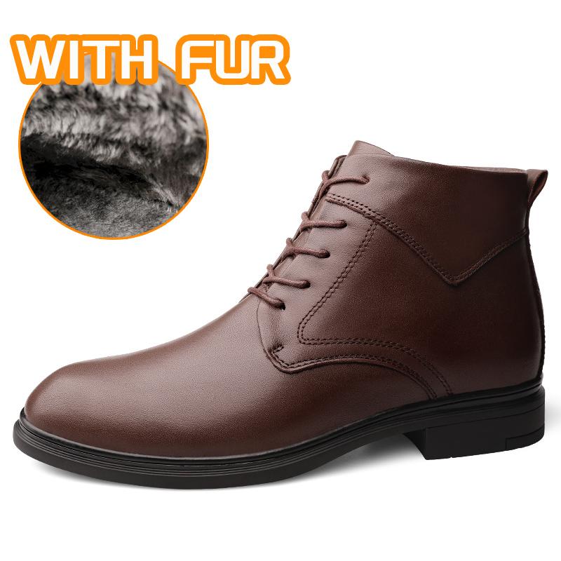 Fashion Handmade Mens Winter Plush Snow Boots Genuine Leather Ankle Boots for Men Leisure Walk Motocross Boots Versatile Walking Botas