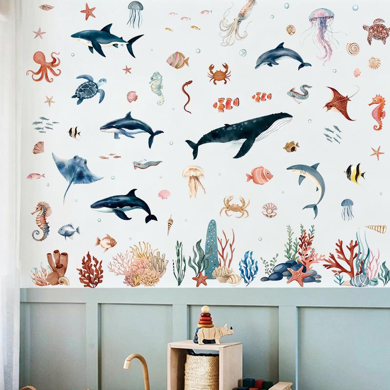 Underwater World Animal Wall Sticker Summer Ocean Small Fresh Whale Jellyfish Bathroom Children's Room Self-adhesive Pvc Sticker