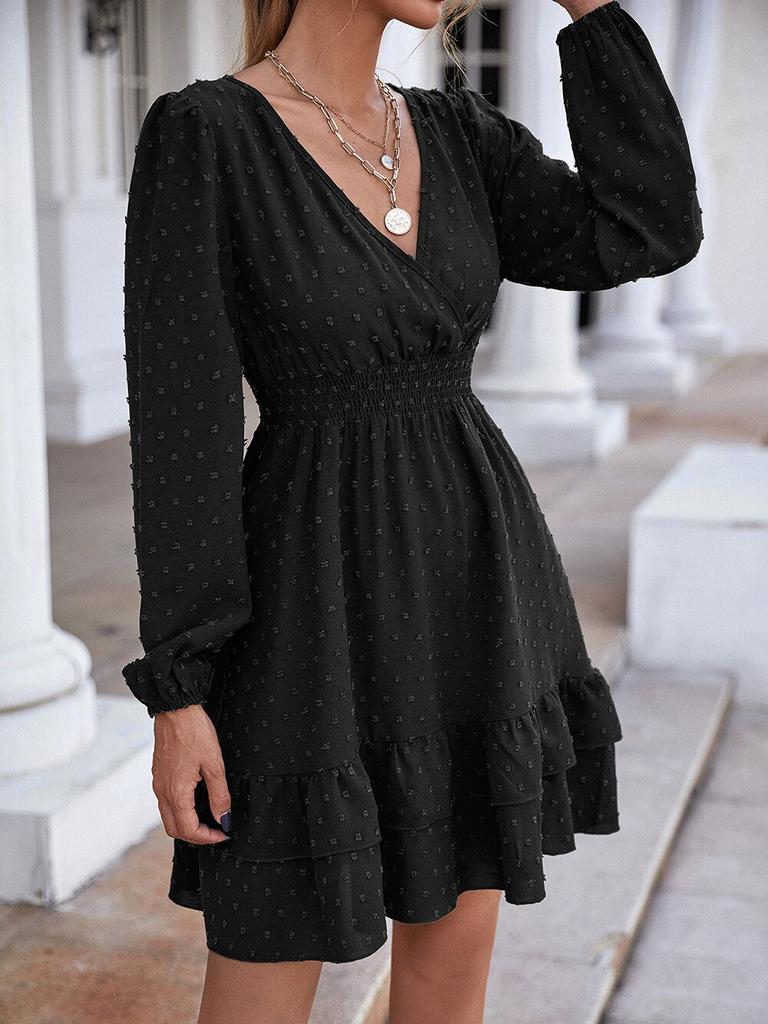 Hohe Taille A-linie Weißes Kleid Frauen Sommer Laterne Hülse V-ausschnitt Frau Kleid Lässige Mode Dot Solide Rüschen Kleider Robe 24888
