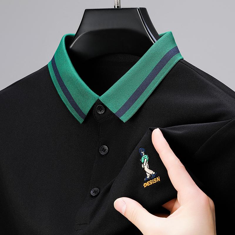 Wovey Zomer Heren Poloshirt Kraag Korte Mouw T-shirt Hoge Kwaliteit Prachtig Cartoon Borduurwerk Luxe Zakelijke Herenkleding Top L zwart