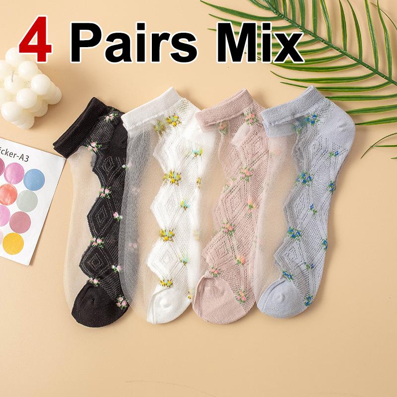 

4/8 пар женских прозрачных коротких носков с кристаллами, модные летние тонкие впитывающие пот дышащие повседневные носки с цветочным узором One Size