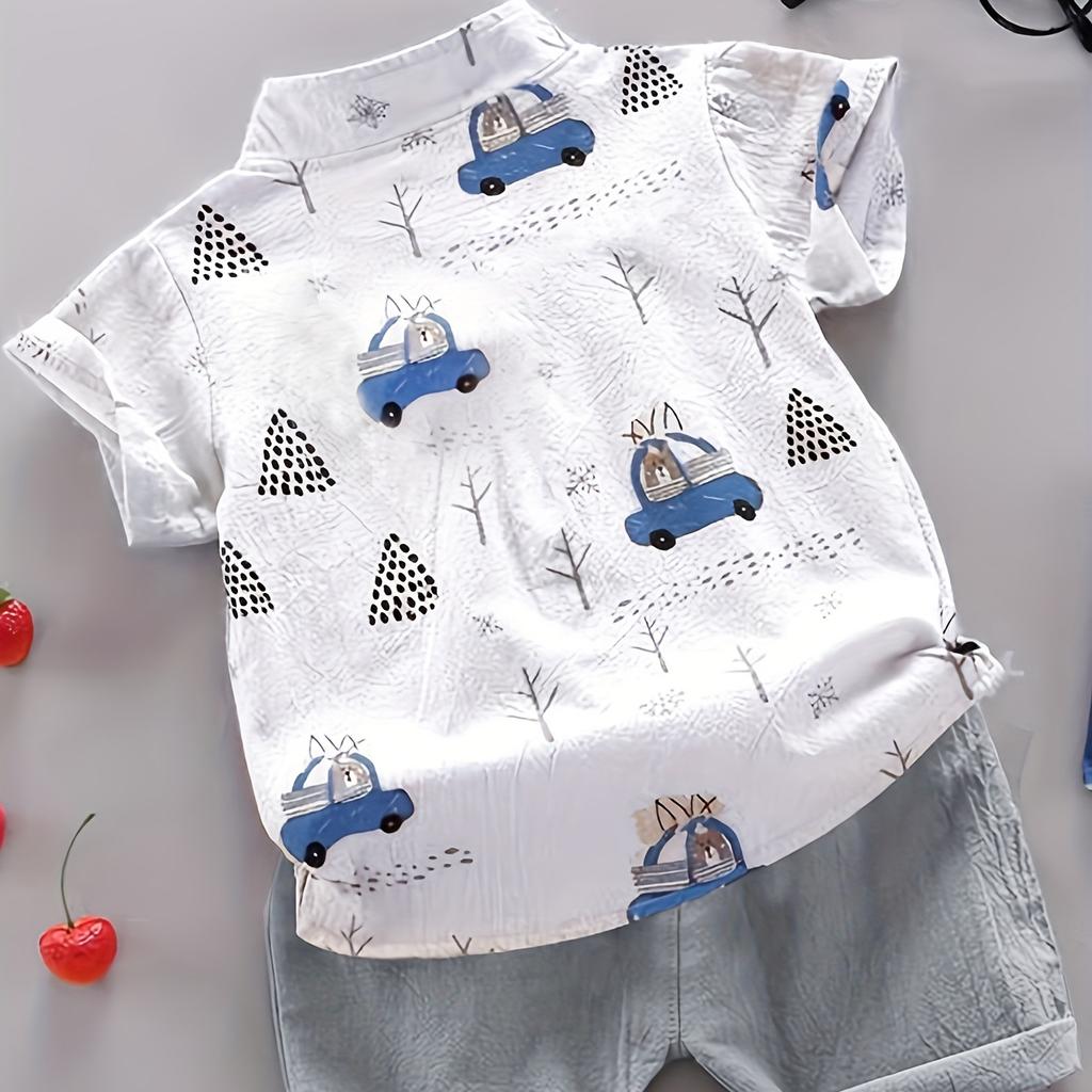 Infant and Toddler Summer Full Print Bear Driving Pattern Short Sleeved Shorts Set for Outdoor Standing Collar Shirt Fashion Two