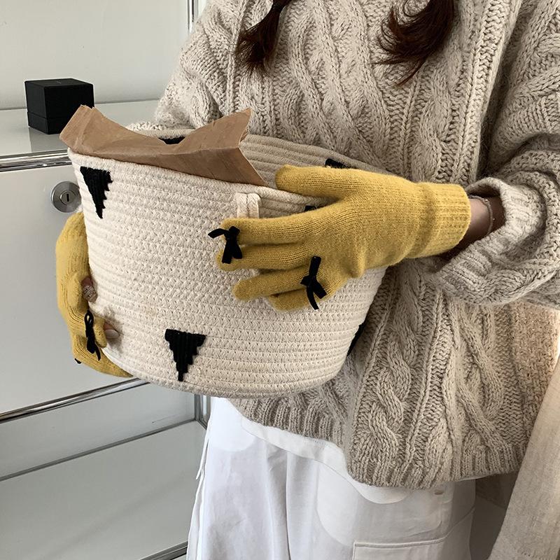 Koreanische Niedliche Schleifenhandschuhe für Damen, um im Winter warm zu halten und mit Touchscreen zu fahren, Neue Fünffingerhandschuhe