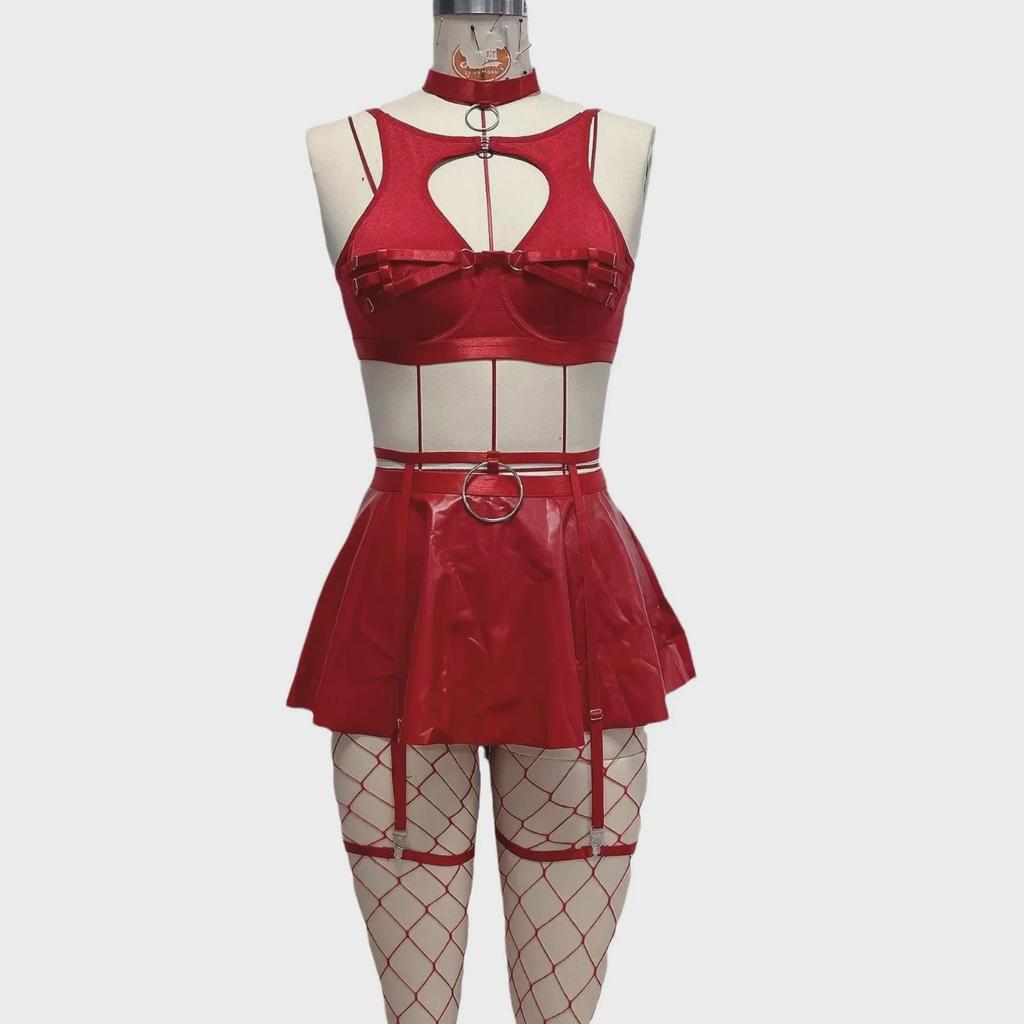 2023 Lace Leather Lingerie Set - Sexy Solid Color Bra and Panty