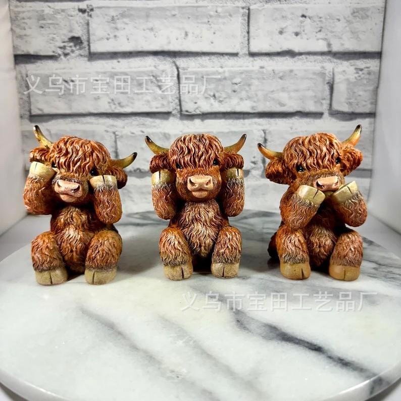 New resin statue ornament, cute and creative decoration, don't listen, don't look, don't say Highland cow desktop decoration