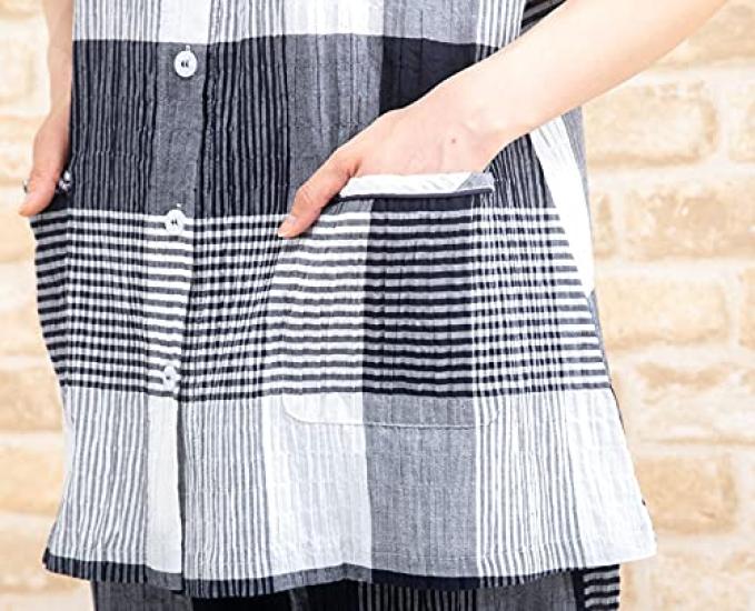 Eye Summer Short Front and Willow Check Sizes K's Women's Pajamas, Sleeves, Opening, 3/4 Pants, Skin-Friendly Cool, 100% Cotton, Pattern, Nightwear,