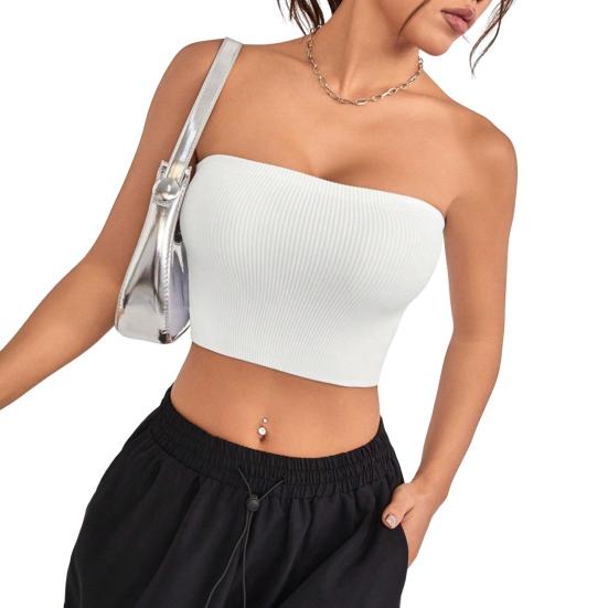 Women Ribbed Vest High Elasticity Anti-slip Bandeau Strapless Sleeveless Backless Tank Top Sweat Absorption Quick-drying Cropped Top