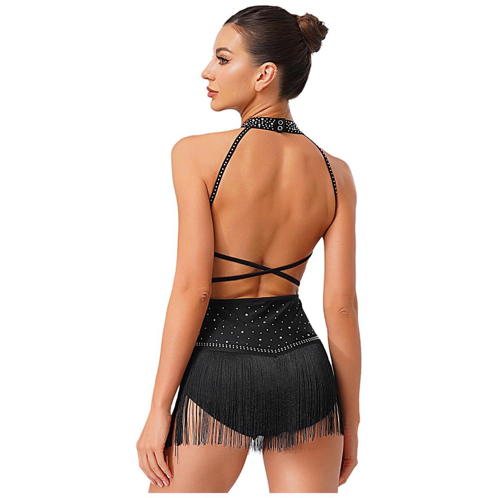 S-XXL Women's Competition Leotard: Allover Rhinestone Backless Bodysuit with Tassel Skirt & Contrast Color for Chacha Rumba Dance