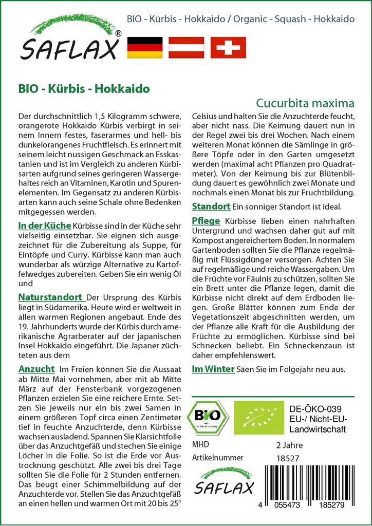 SAFLAX Garden In the Bag - Organic - Squash - Hokkaido - 5 Seeds - With Substrate In a Fitting Stand Up Bag - Cucurbita Maxima