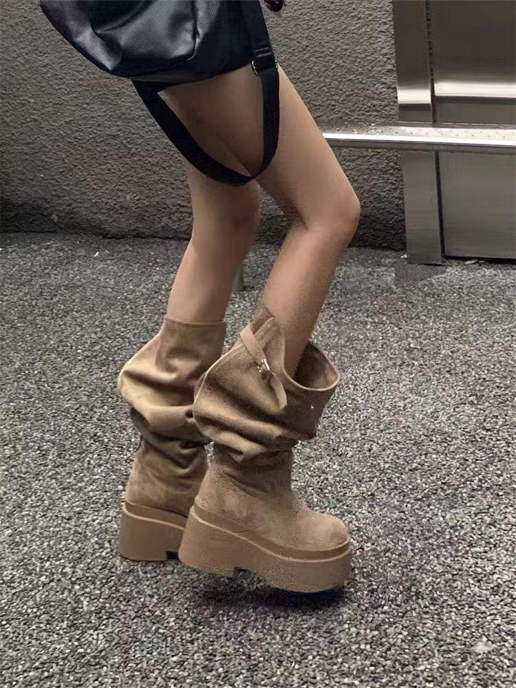 Fashion Women's Fashion Thick Heels Knee High Boots Khaki Flock Slip On Western Boots Woman Spring Autumn Soft Leather Short Botas Mujer