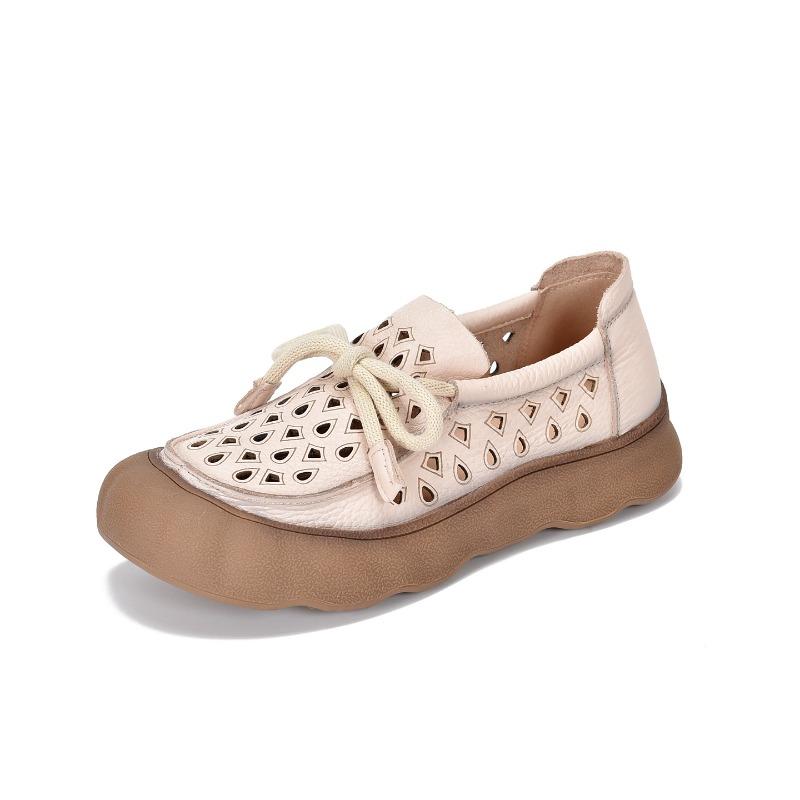 The first layer of cowhide retro hole shoes women's spring and summer new hollow breathable leather casual soft-soled sandals