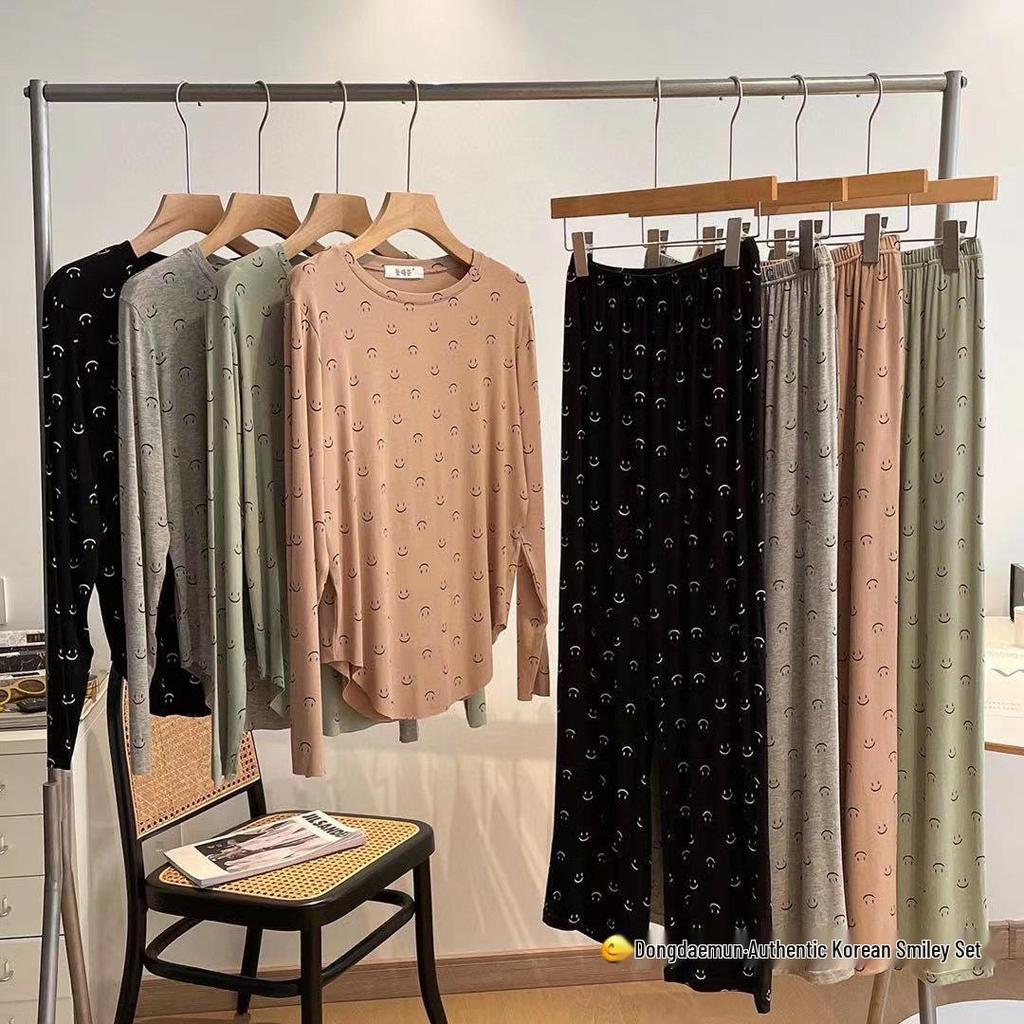 Women's Korean Smiley Face Cartoon Pajamas Set – Long-Sleeved Pullover & Trousers for Autumn/Winter