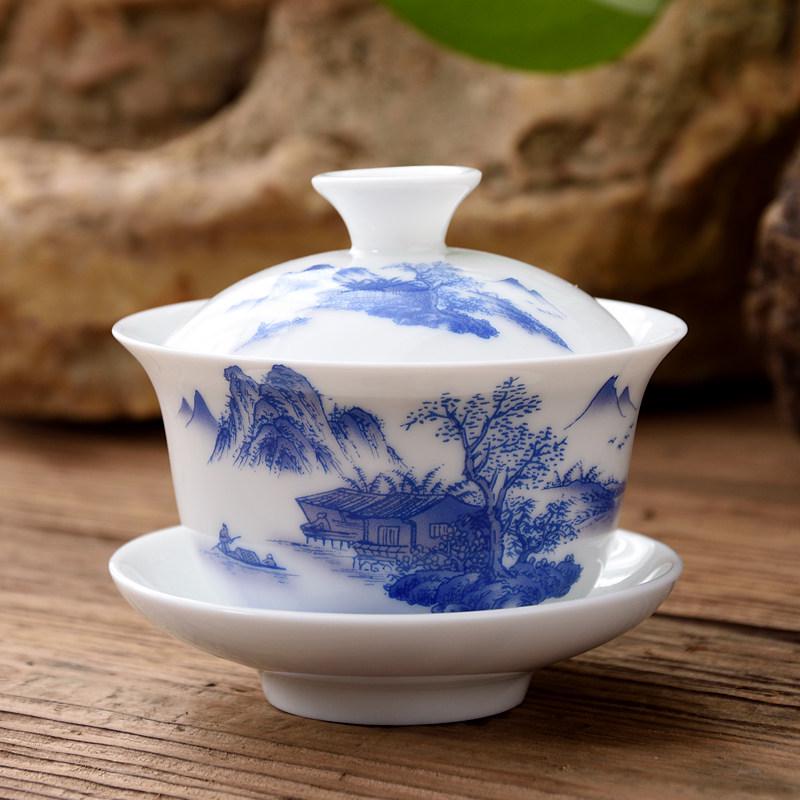 Blue and White Ceramic Gaiwan Tea Set: Small Tea Bowl & Tasting Cup with Concave Lid.