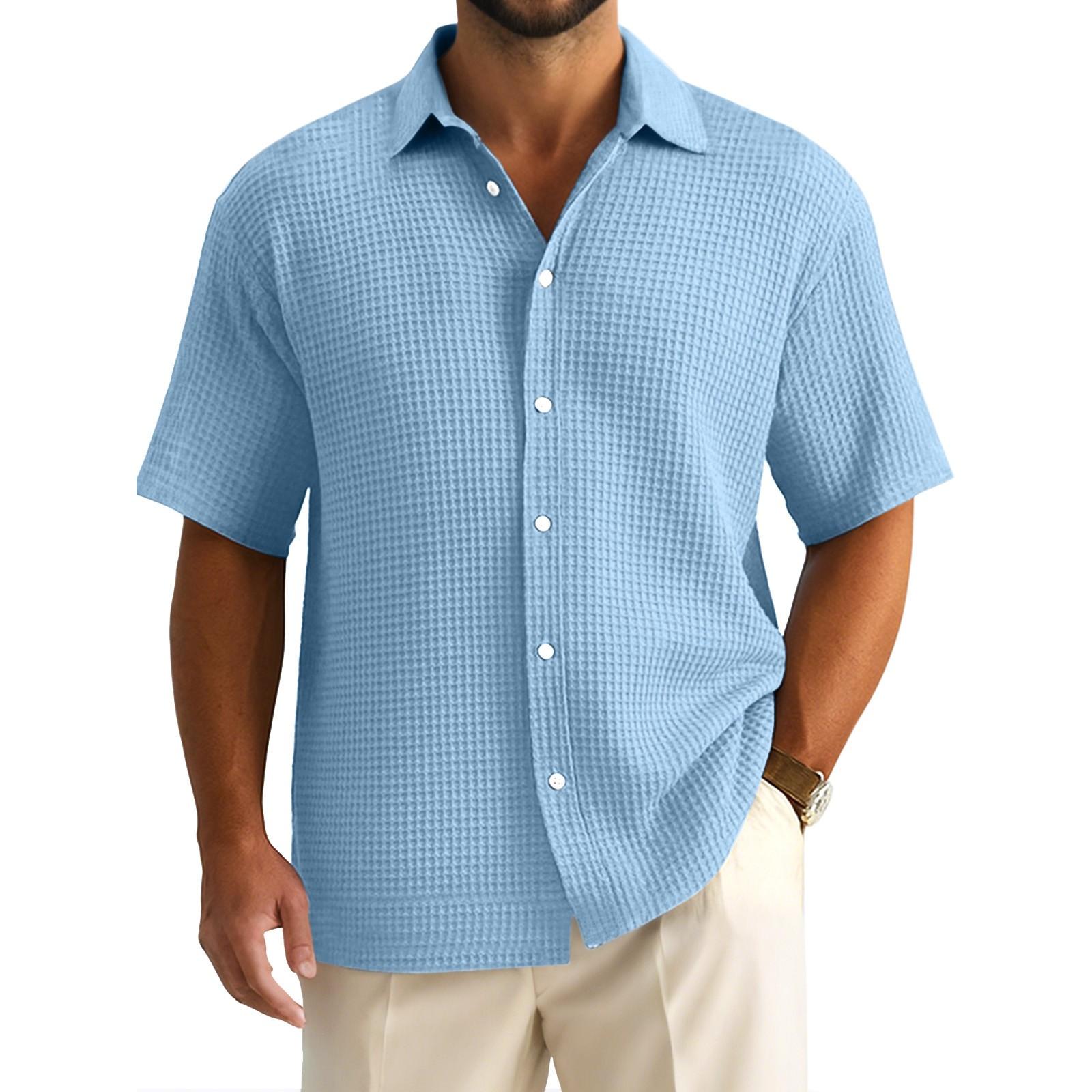 

Чоловіча літня однотонна сорочка з лацканами та короткими рукавами Чоловіча повсякденна модна сорочка з короткими рукавами M синій