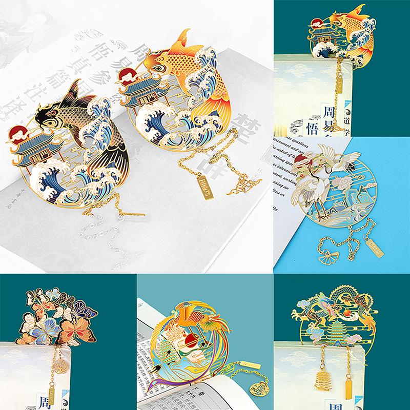 

Chinese Style Hollow Out Metal Bookmarks Retro Animal Shape Bookmark Tassel Pendant Book Clip Stationery Teacher Student Gifts
